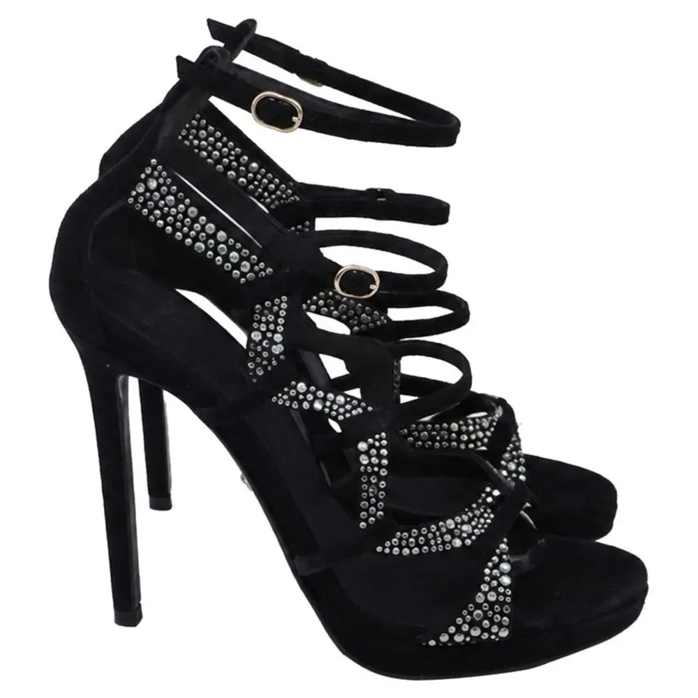 Versace Crystal Embellished Gladiator Sandals in Black Suede